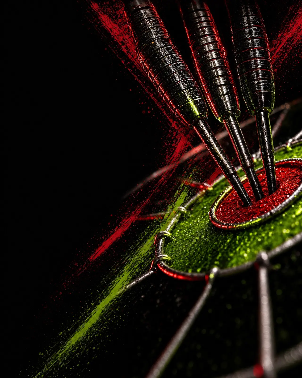 Three premium darts grouped in a dartboard bullseye lit with lime and red paint streaks